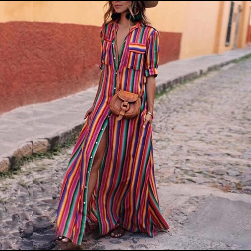 Colorful Stripe Button Up Maxi -never worn